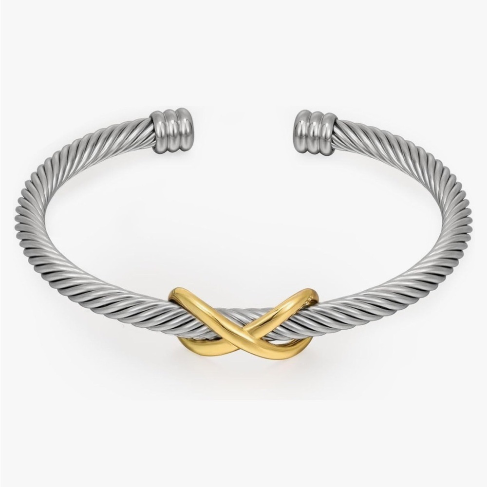 Silver And Gold Twisted Cuff Bracelet With Infinity Knot Designer Jewlery Look
